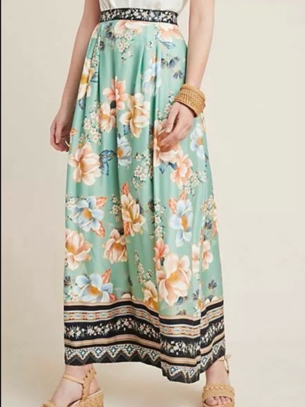 Farm Rio Siren Floral Mint Maxi Skirt with Border Detail NWOT Never Worn Size M